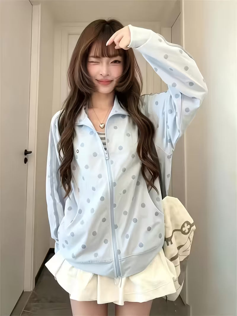 1pc Light Blue Polka Dot Stand Collar Zipper Jacket for Women, Loose Drop Shoulder Lazy Style Casual S Cardigan, Lightweight Breathable Sun