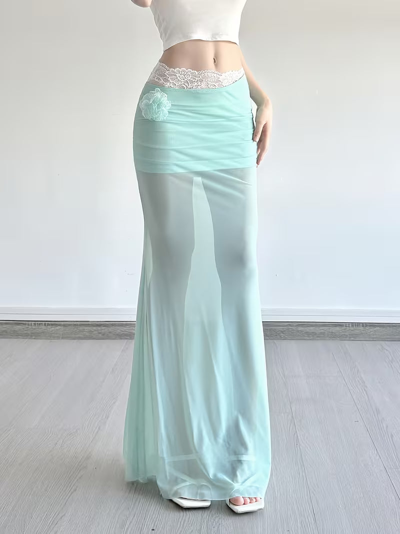 SassyGals French-Style Vacation Lace Patchwork Three-Dimensional Rose Mesh Women's Skirt, Spring/Summer Slim Fit Flattering Hot Long Dress, Women's Mermaid Skirt