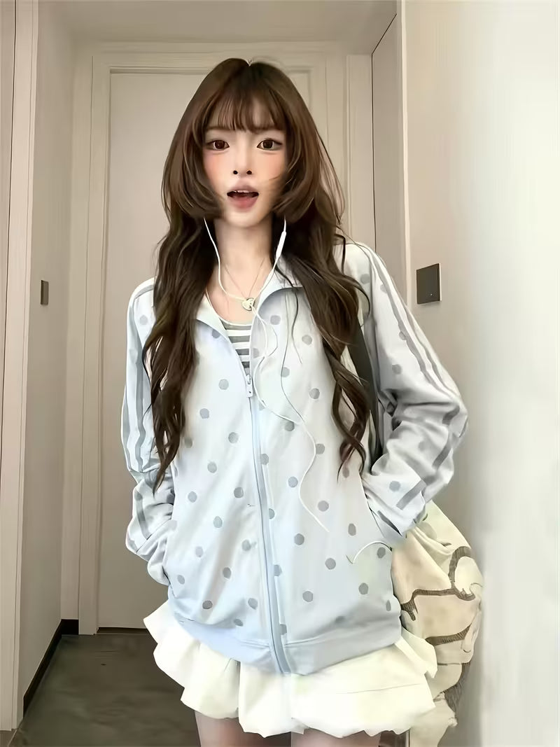 1pc Light Blue Polka Dot Stand Collar Zipper Jacket for Women, Loose Drop Shoulder Lazy Style Casual S Cardigan, Lightweight Breathable Sun