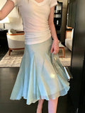 Women'S Elegant French Polka Dot Double Layer Tulle Midi Skirt, Summer High Waist Slim Flared Chiffon Skirt