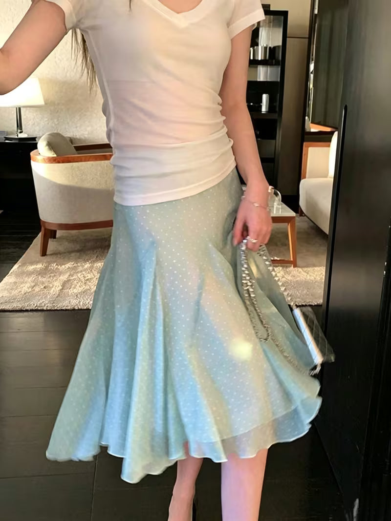 Women'S Elegant French Polka Dot Double Layer Tulle Midi Skirt, Summer High Waist Slim Flared Chiffon Skirt