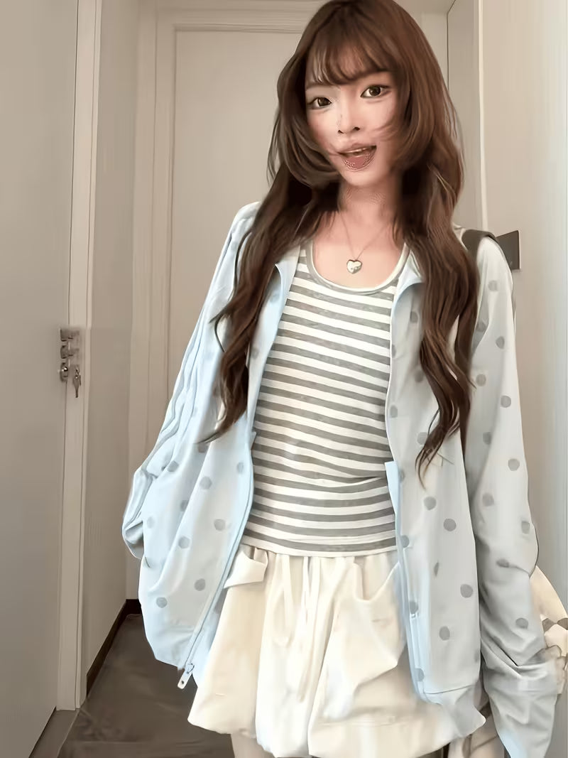 1pc Light Blue Polka Dot Stand Collar Zipper Jacket for Women, Loose Drop Shoulder Lazy Style Casual S Cardigan, Lightweight Breathable Sun