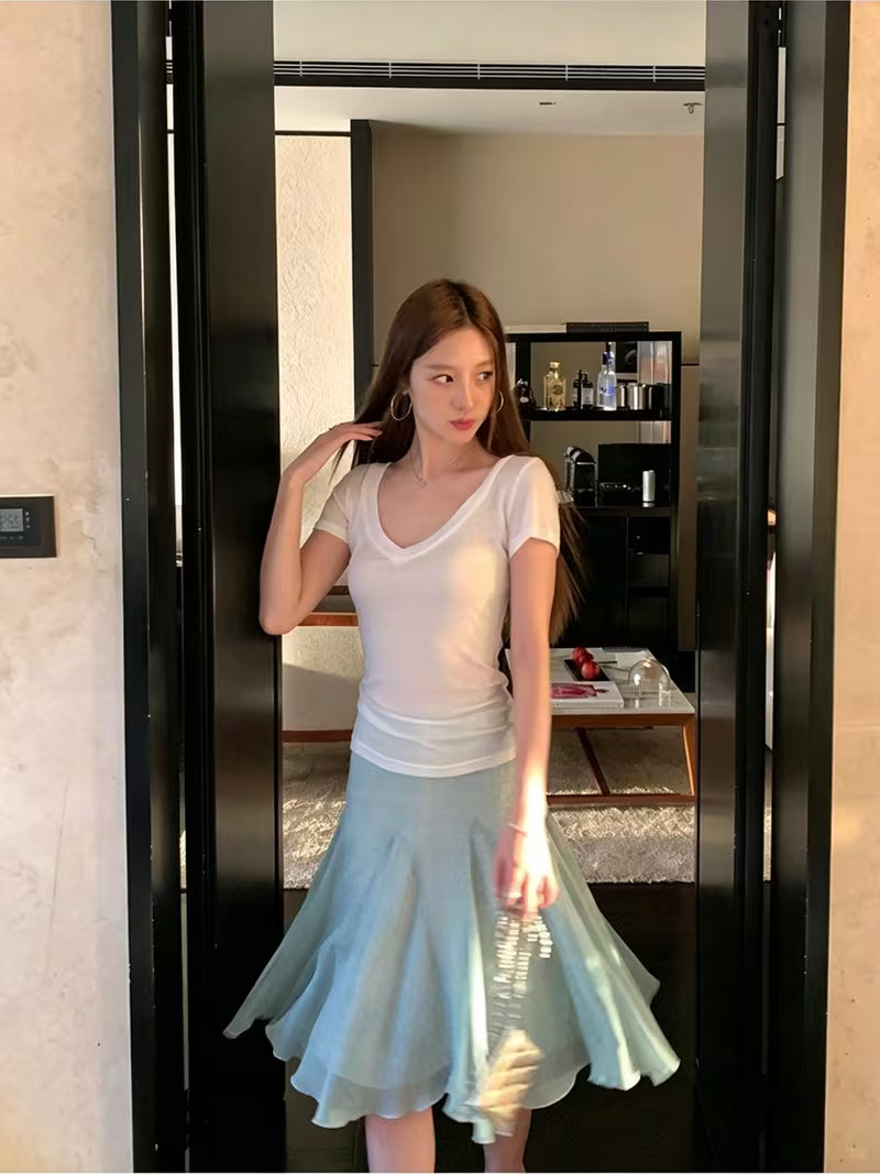 Women'S Elegant French Polka Dot Double Layer Tulle Midi Skirt, Summer High Waist Slim Flared Chiffon Skirt