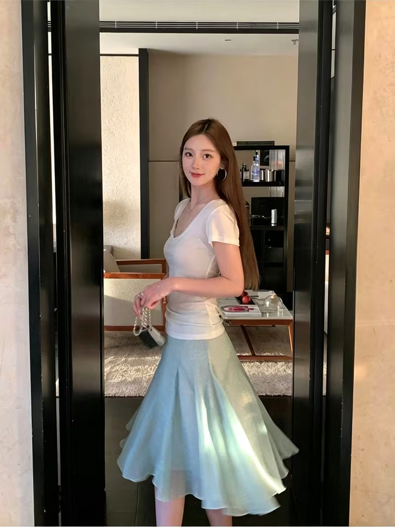 Women'S Elegant French Polka Dot Double Layer Tulle Midi Skirt, Summer High Waist Slim Flared Chiffon Skirt