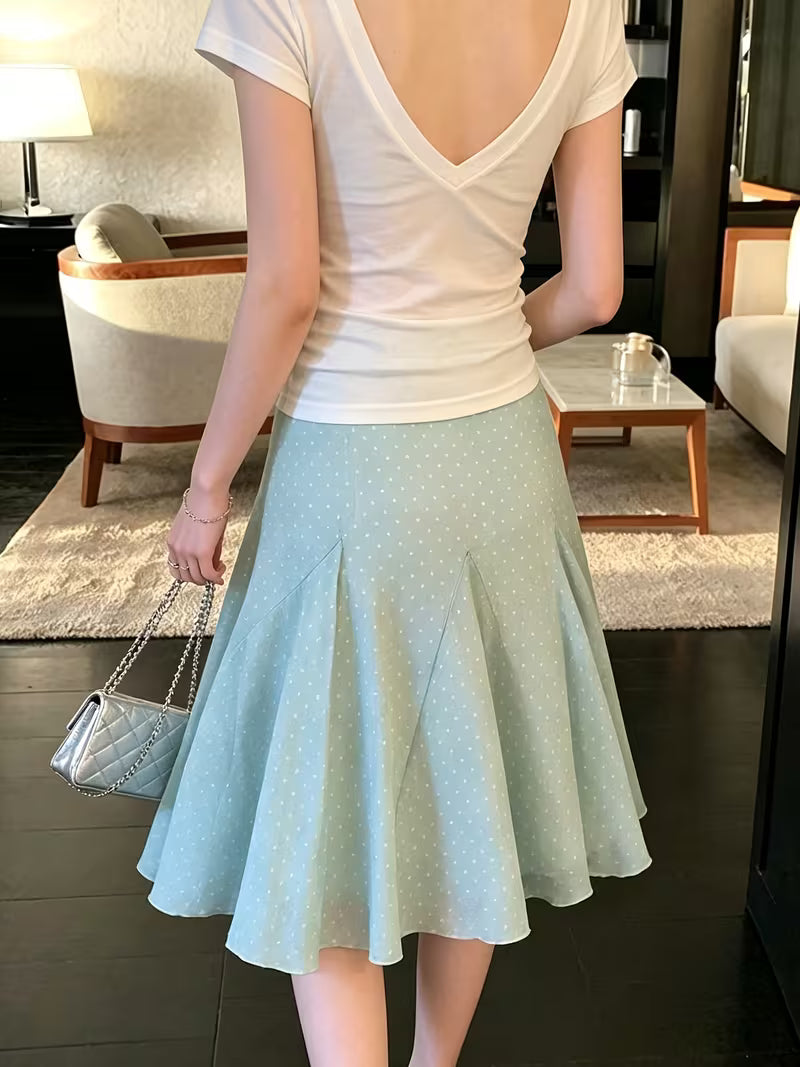 Women'S Elegant French Polka Dot Double Layer Tulle Midi Skirt, Summer High Waist Slim Flared Chiffon Skirt