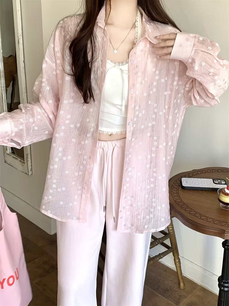 Plus Size, Women's Long-Sleeve Shirt Jacket, Fashionable New Spring Designer Blouse, Lightweight Jacquard Cardigan Top