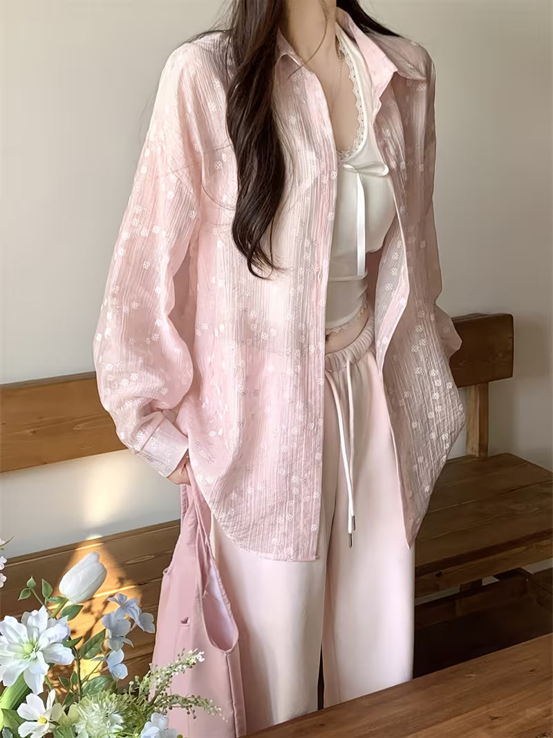 Plus Size, Women's Long-Sleeve Shirt Jacket, Fashionable New Spring Designer Blouse, Lightweight Jacquard Cardigan Top