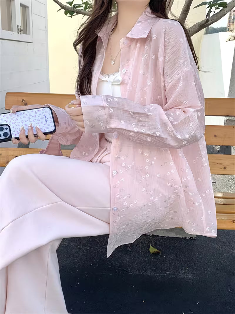 Plus Size, Women's Long-Sleeve Shirt Jacket, Fashionable New Spring Designer Blouse, Lightweight Jacquard Cardigan Top