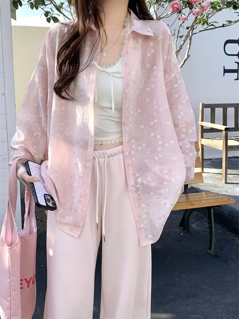Plus Size, Women's Long-Sleeve Shirt Jacket, Fashionable New Spring Designer Blouse, Lightweight Jacquard Cardigan Top