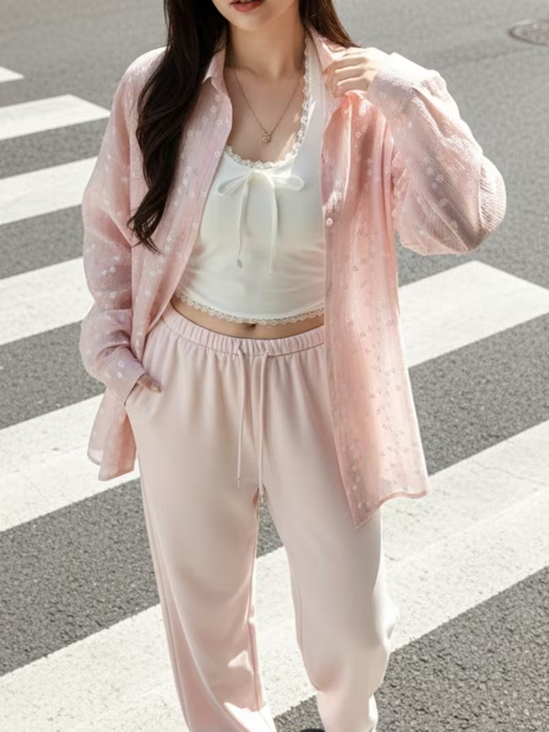 Plus Size, Women's Long-Sleeve Shirt Jacket, Fashionable New Spring Designer Blouse, Lightweight Jacquard Cardigan Top