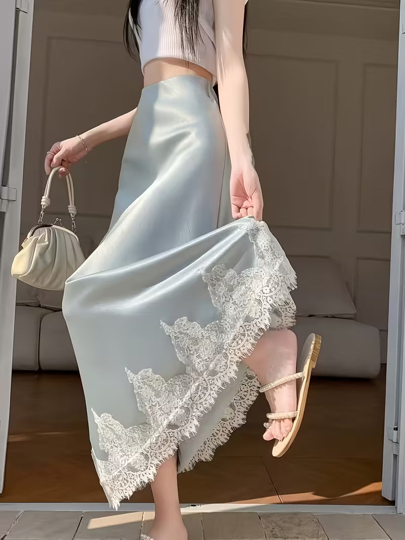 Women's Elegant Satin Mermaid Dress with Lace Patchwork Tail & A-Line Silhouette