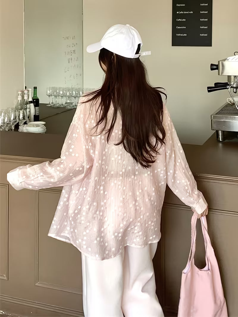 Plus Size, Women's Long-Sleeve Shirt Jacket, Fashionable New Spring Designer Blouse, Lightweight Jacquard Cardigan Top
