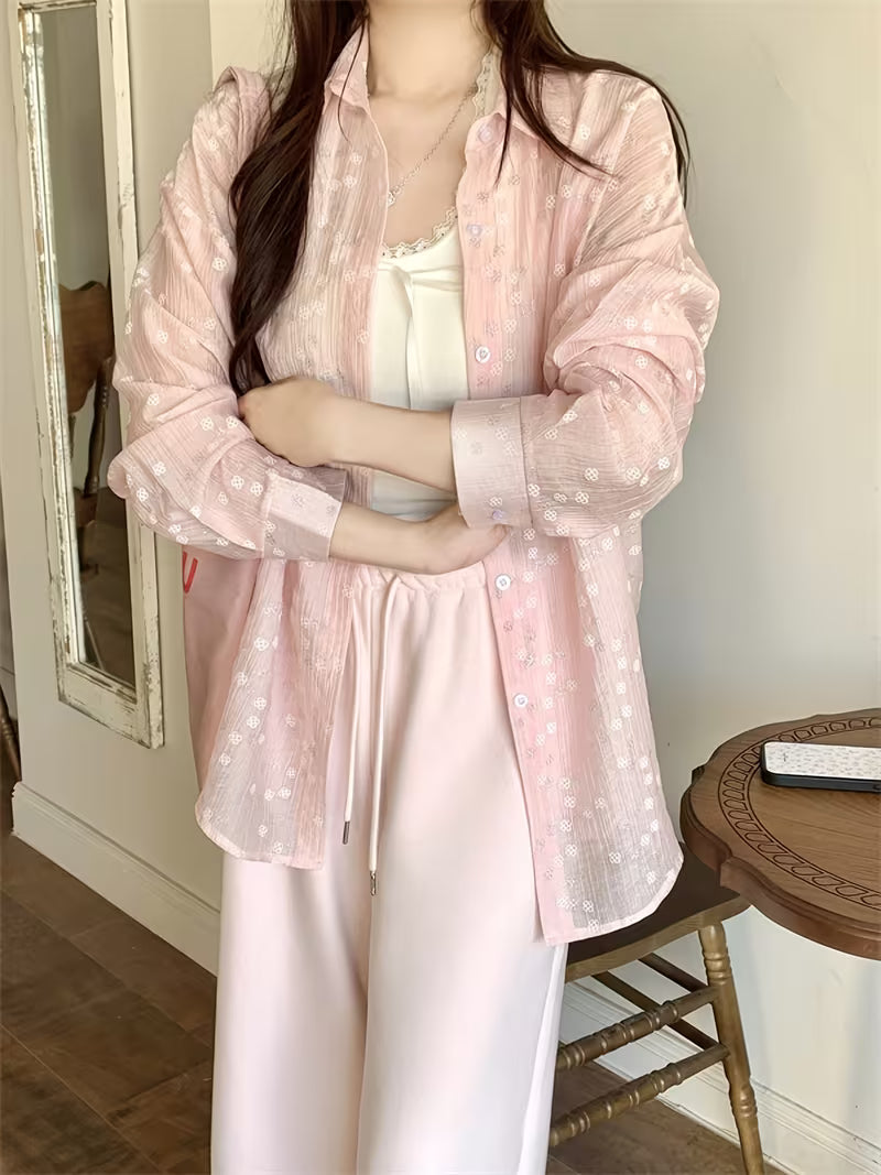 Plus Size, Women's Long-Sleeve Shirt Jacket, Fashionable New Spring Designer Blouse, Lightweight Jacquard Cardigan Top