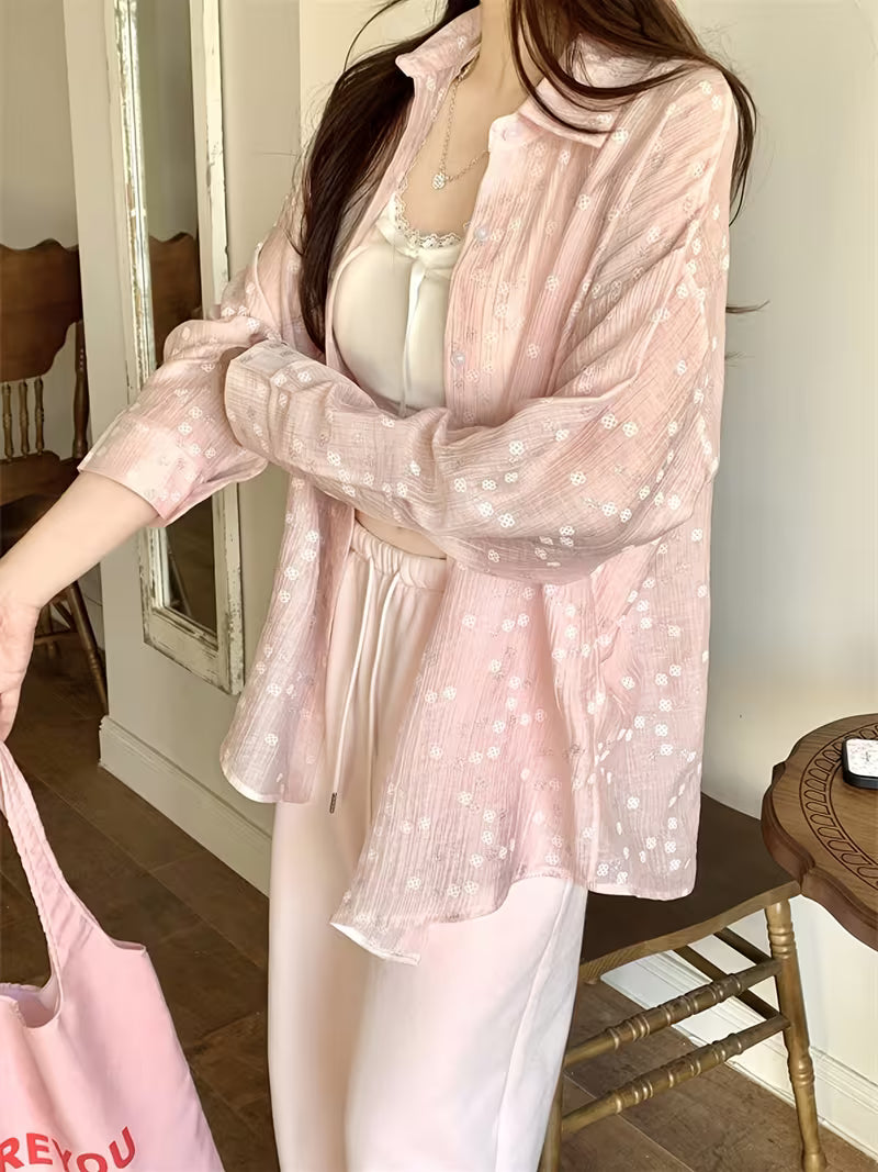 Plus Size, Women's Long-Sleeve Shirt Jacket, Fashionable New Spring Designer Blouse, Lightweight Jacquard Cardigan Top