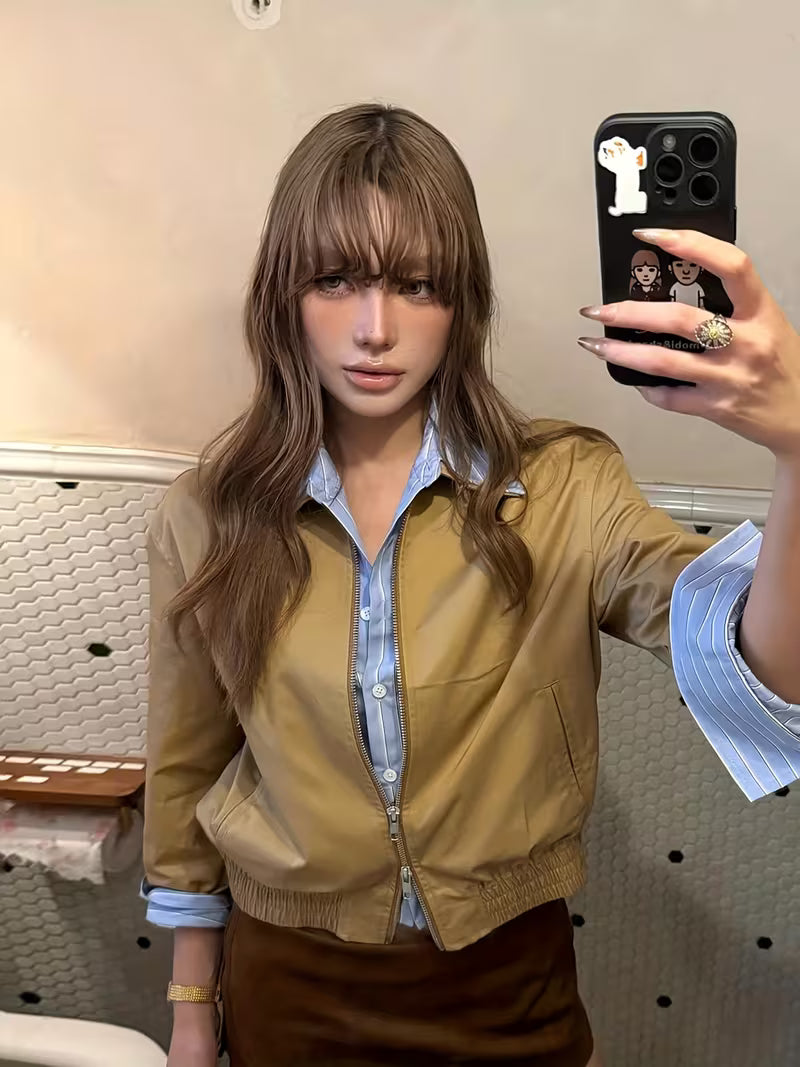 Old Money Style Retro Fake Two-Piece Color Block Patchwork Shirt Jacket Women'S Casual Versatile POLO Collar Button Placket Zipper Jacket Top