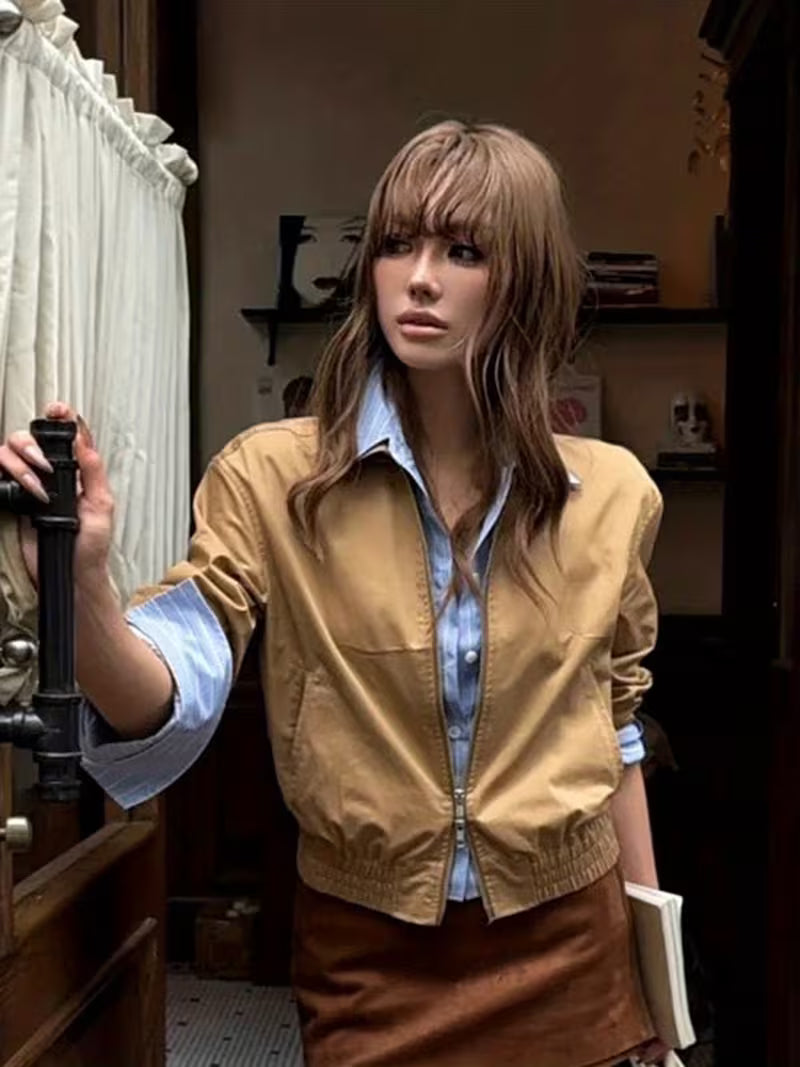 Old Money Style Retro Fake Two-Piece Color Block Patchwork Shirt Jacket Women'S Casual Versatile POLO Collar Button Placket Zipper Jacket Top