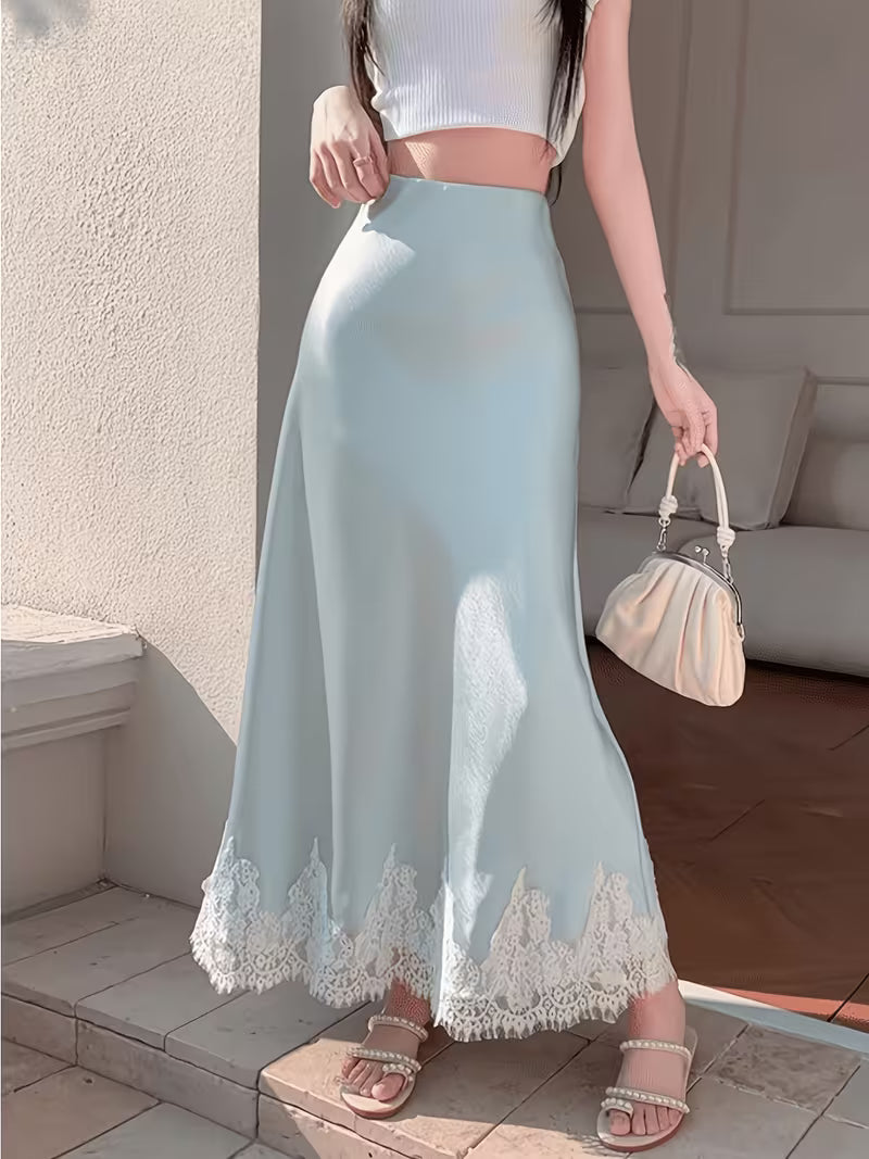 Women's Elegant Satin Mermaid Dress with Lace Patchwork Tail & A-Line Silhouette