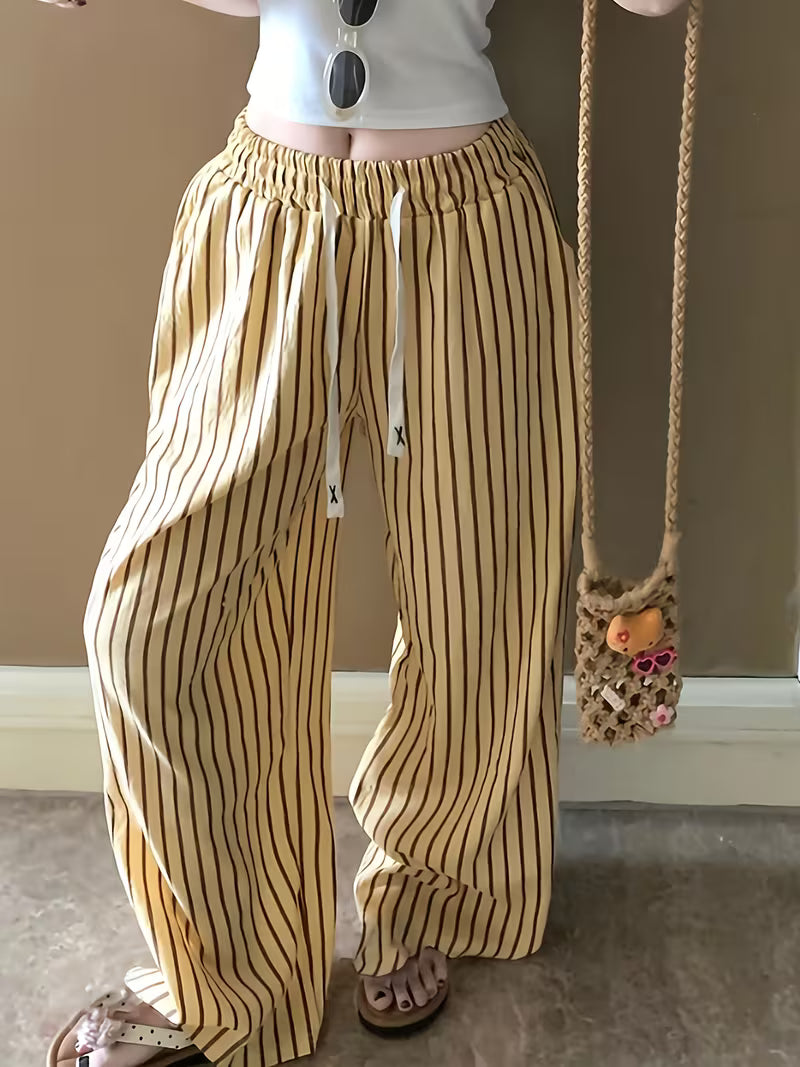 Women's Loose-Fit Sleep Pants with Dual Pockets, Elastic Waist, Thin Wide-Leg Trousers, Suitable for Outerwear or Loungewear for Petite Figures