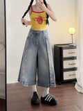 Women'S Vintage Floral Print Denim Capri Pants Loose Wide Leg Street Style Summer Casual Shorts