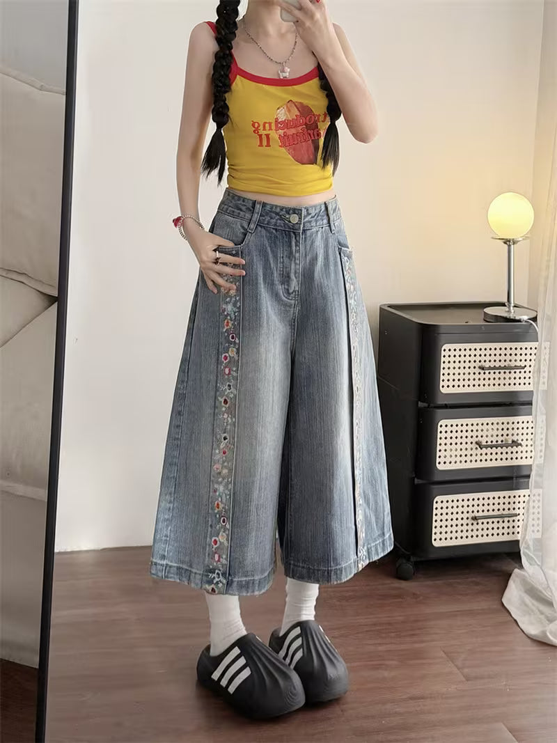 Women'S Vintage Floral Print Denim Capri Pants Loose Wide Leg Street Style Summer Casual Shorts
