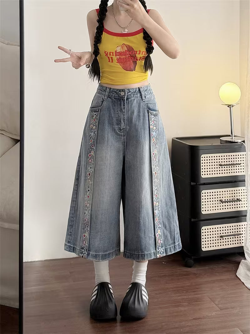 Women'S Vintage Floral Print Denim Capri Pants Loose Wide Leg Street Style Summer Casual Shorts