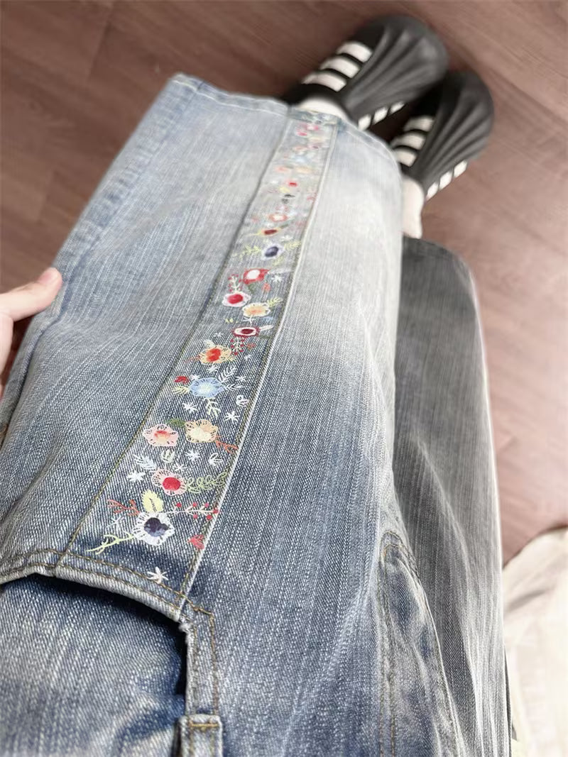 Women'S Vintage Floral Print Denim Capri Pants Loose Wide Leg Street Style Summer Casual Shorts
