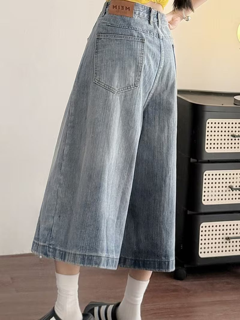 Women'S Vintage Floral Print Denim Capri Pants Loose Wide Leg Street Style Summer Casual Shorts