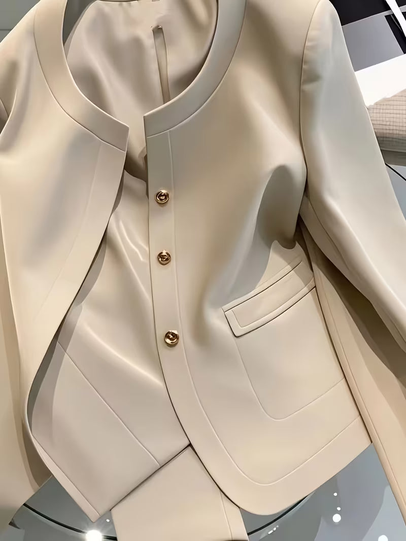 Women' French Khaki Blazer Jacket - Elegant -Line Suit Coat with Single-Breasted Collar