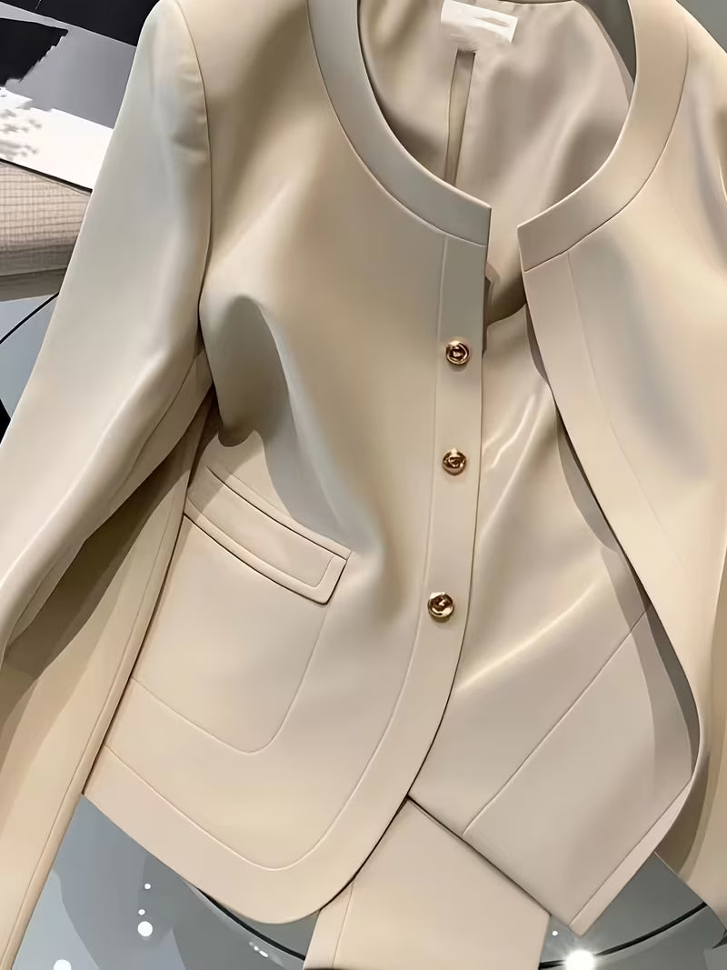Women' French Khaki Blazer Jacket - Elegant -Line Suit Coat with Single-Breasted Collar