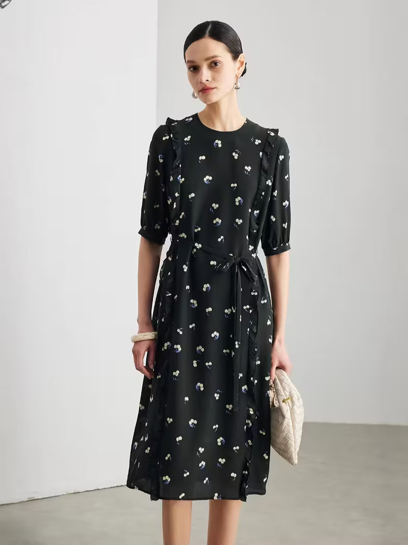 Women'S Short Sleeve Printed Dress, Ruched French Style 100% Mulberry Midi Dress