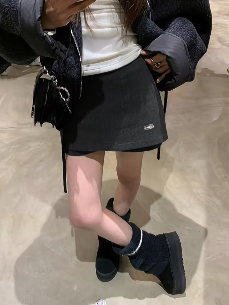 Korean Retro Gray Fake Two-Piece Skirt Women'S Winter New High-Waisted Hip-Wrap Pants Skirt