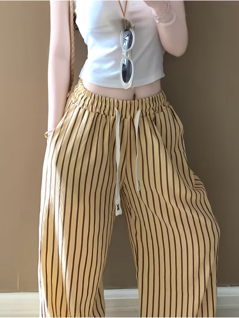 Women's Loose-Fit Sleep Pants with Dual Pockets, Elastic Waist, Thin Wide-Leg Trousers, Suitable for Outerwear or Loungewear for Petite Figures