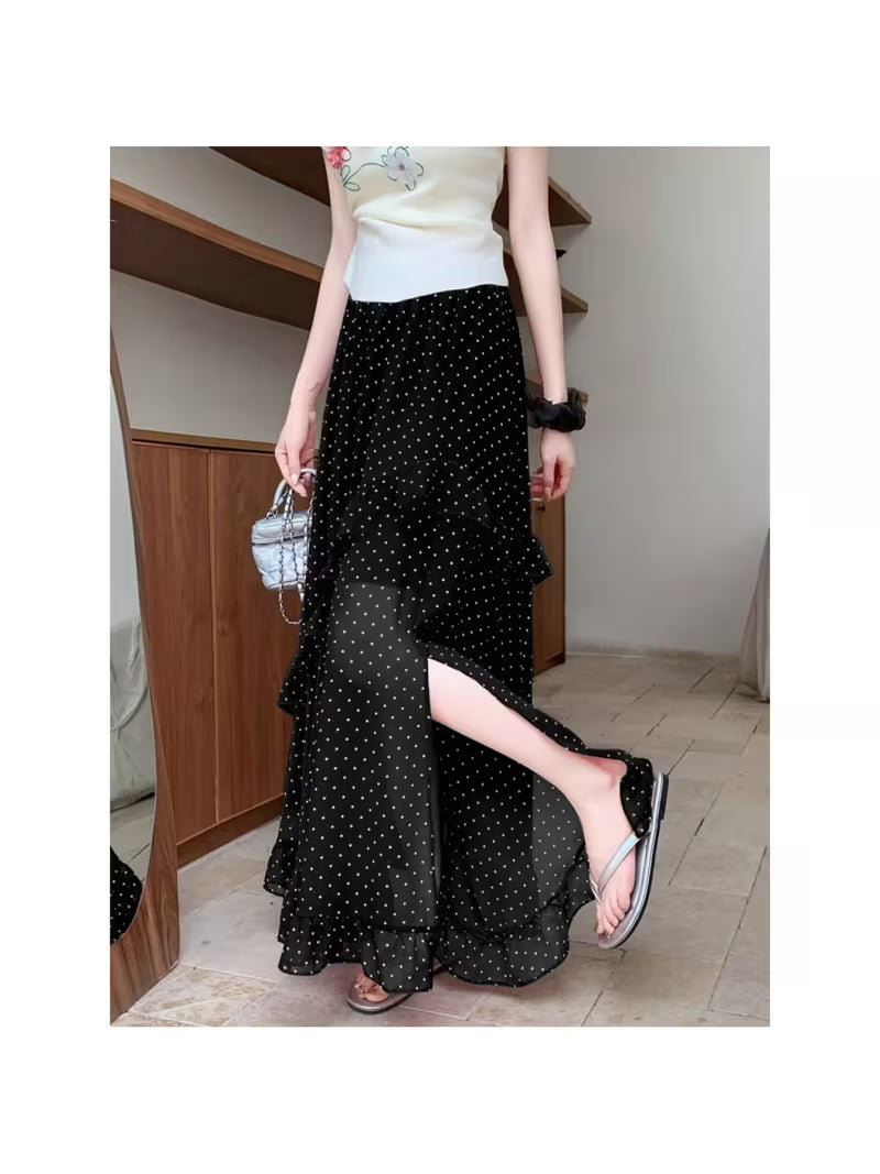 Women'S Black Polka Dot Skirt, Summer Irregular A-Line Ruffle Slit Drapey Long Skirt