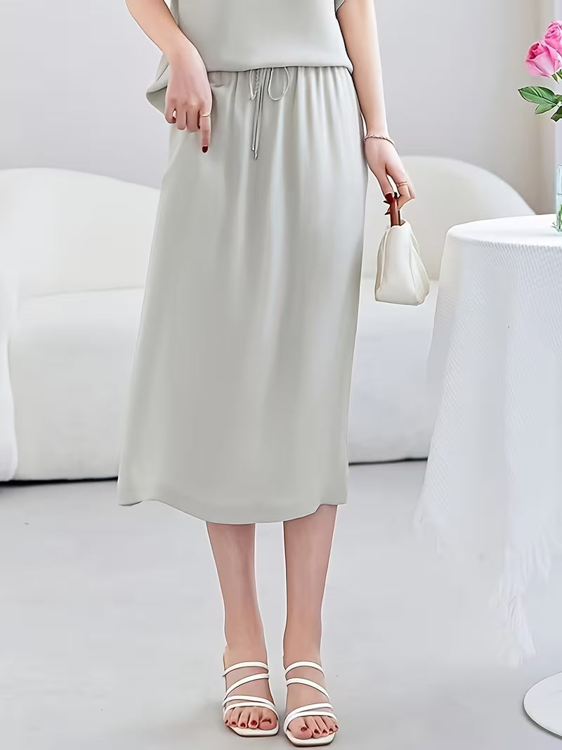 Human Hair Elastic Heavy Crepe Skirt, Drawstring Waistband Flowing Solid Color Breathable Commuter Mid-Length Women'S Skirt
