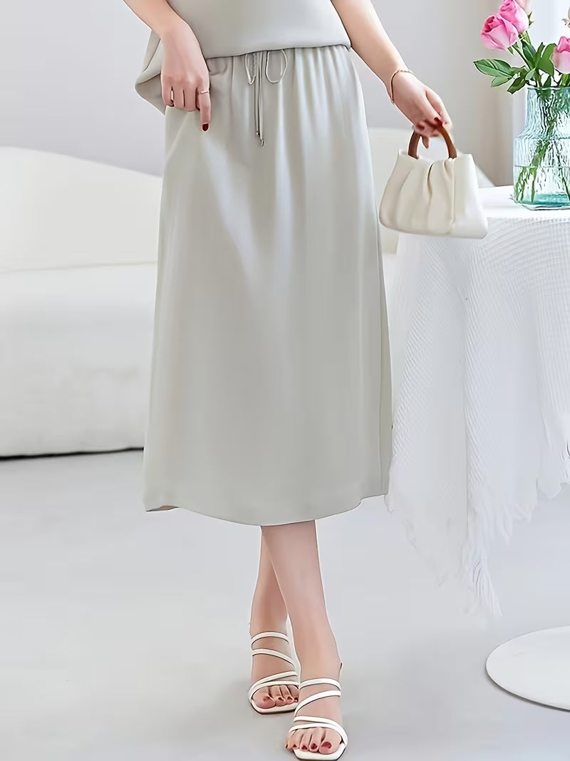 Human Hair Elastic Heavy Crepe Skirt, Drawstring Waistband Flowing Solid Color Breathable Commuter Mid-Length Women'S Skirt