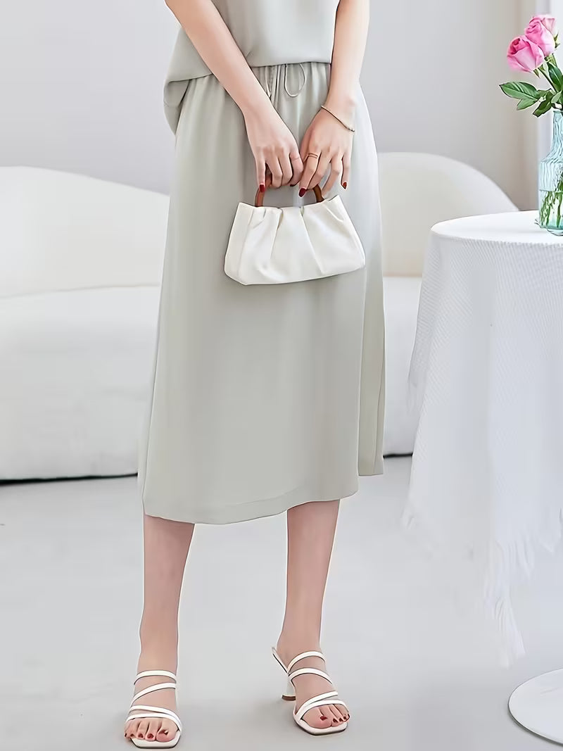 Human Hair Elastic Heavy Crepe Skirt, Drawstring Waistband Flowing Solid Color Breathable Commuter Mid-Length Women'S Skirt
