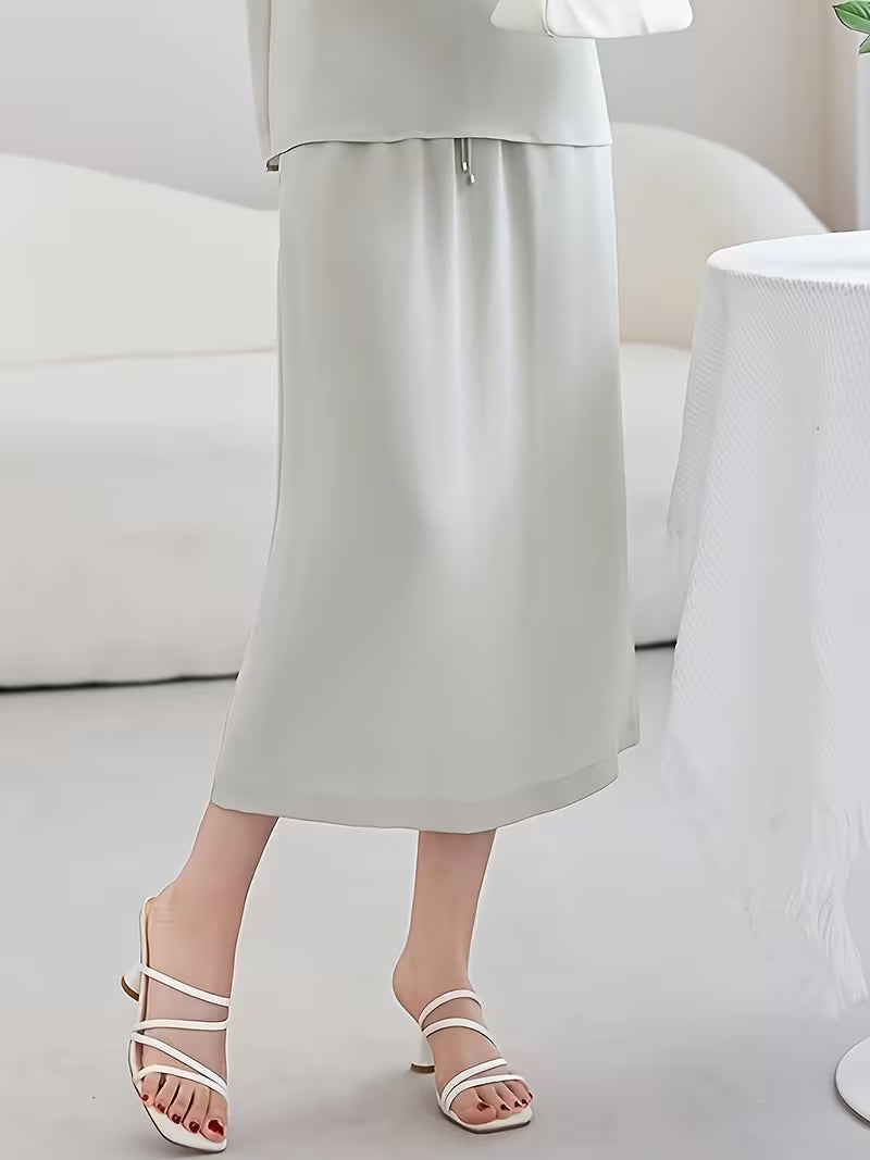 Human Hair Elastic Heavy Crepe Skirt, Drawstring Waistband Flowing Solid Color Breathable Commuter Mid-Length Women'S Skirt