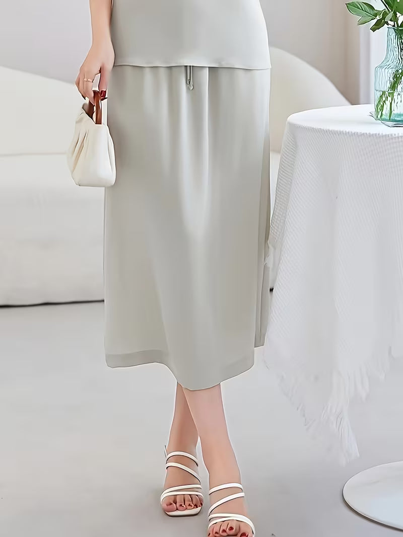 Human Hair Elastic Heavy Crepe Skirt, Drawstring Waistband Flowing Solid Color Breathable Commuter Mid-Length Women'S Skirt