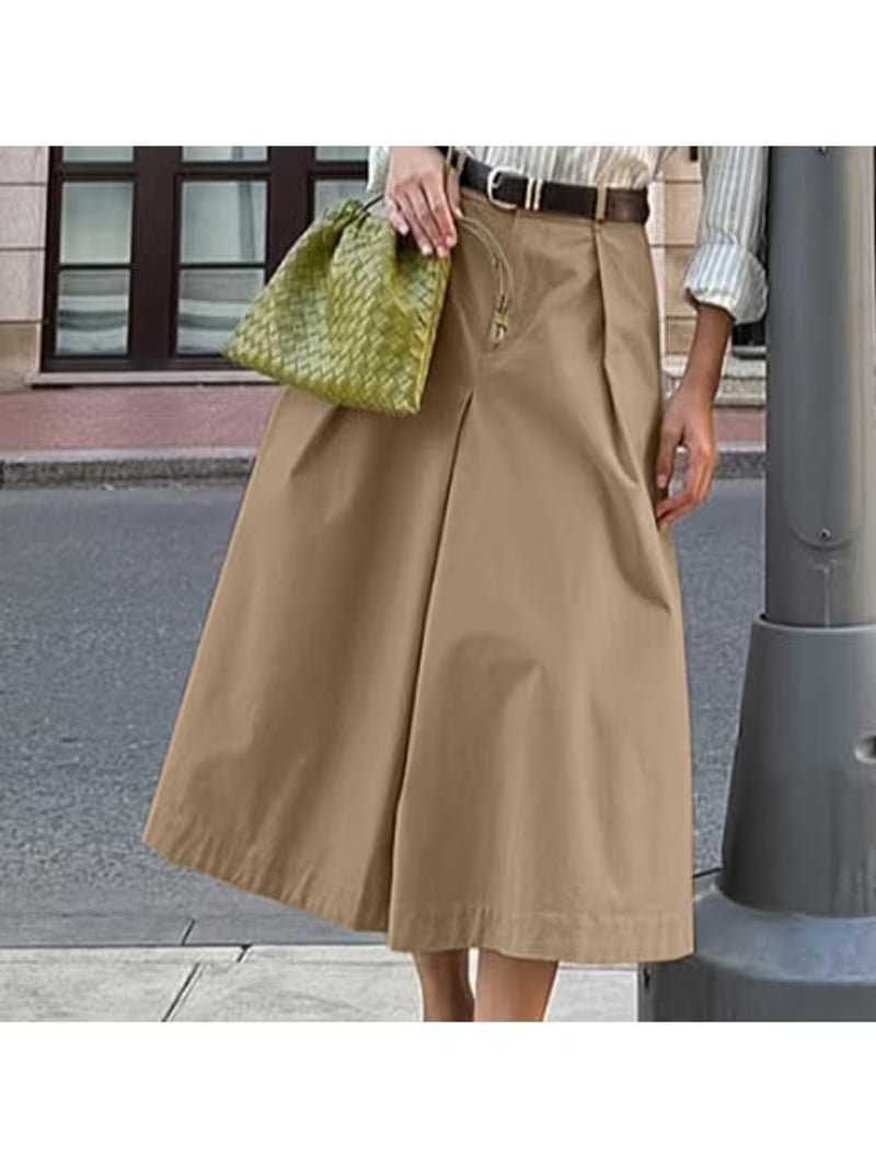 Fall-Winter Khaki Pleated Midi A-Line Skirt, Slim Fit Women's Design