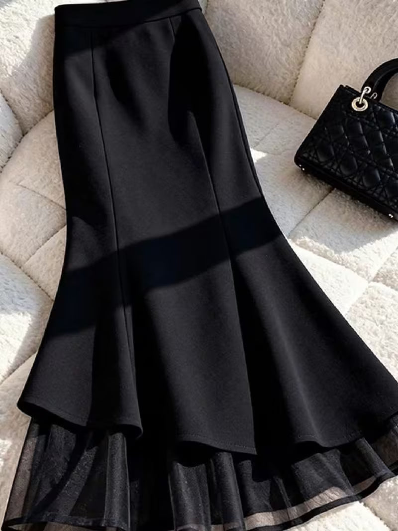 Black Fishtail Skirt Women's Long Skirt 2026 New Spring High Waist A-line Hip Skirt Splicing Skirt