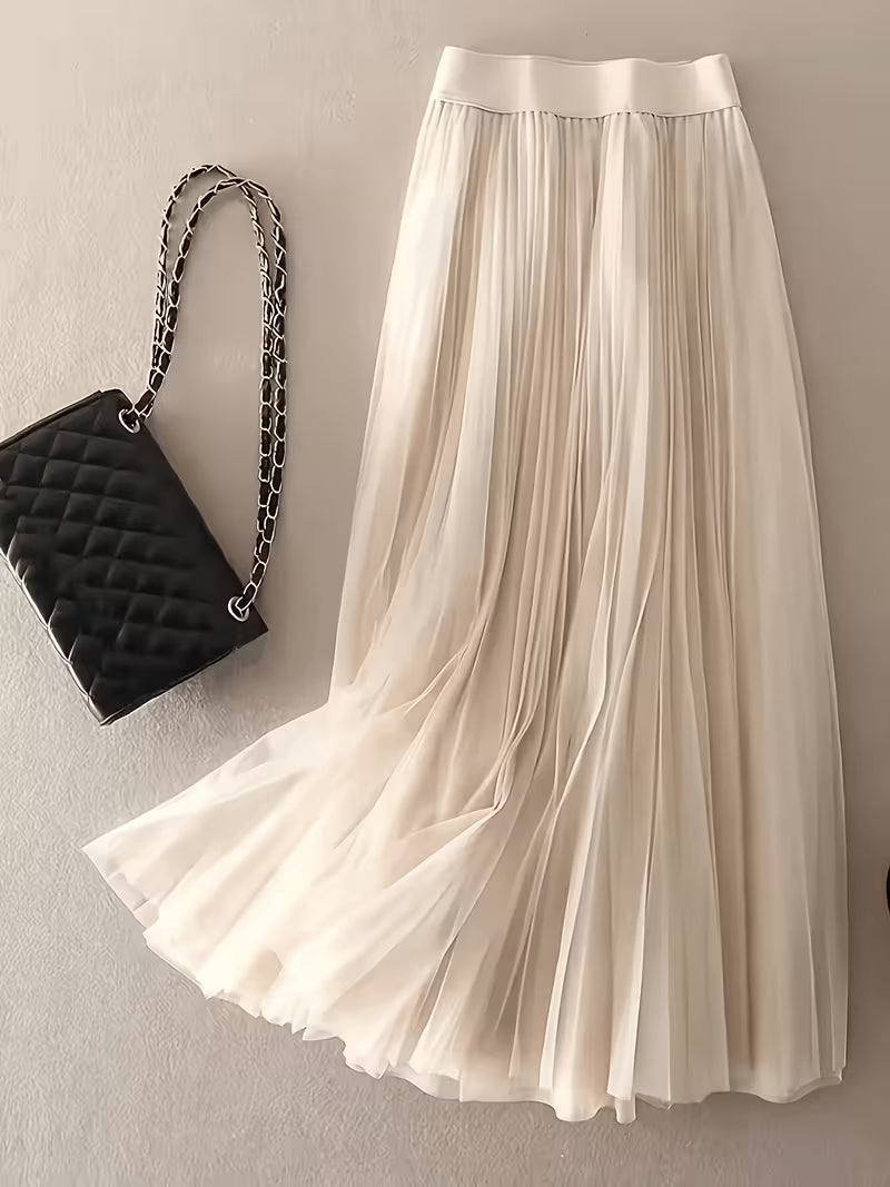 Women's High Waisted Tulle Midi Skirt Multi Layered Sheer Mesh A-Line Skirt Elastic Wide Waistband Flowy Pleated Swing Skirt Beach Vacation Apparel