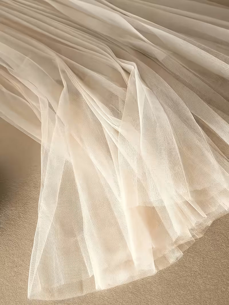 Women's High Waisted Tulle Midi Skirt Multi Layered Sheer Mesh A-Line Skirt Elastic Wide Waistband Flowy Pleated Swing Skirt Beach Vacation Apparel