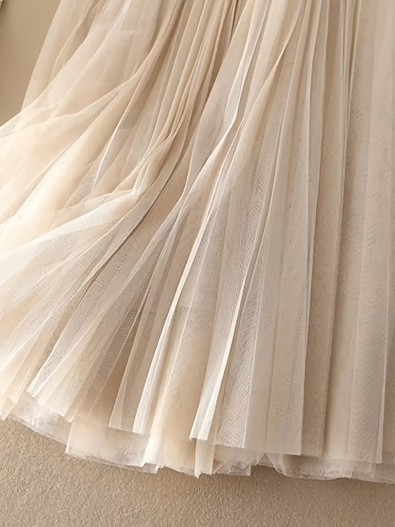 Women's High Waisted Tulle Midi Skirt Multi Layered Sheer Mesh A-Line Skirt Elastic Wide Waistband Flowy Pleated Swing Skirt Beach Vacation Apparel