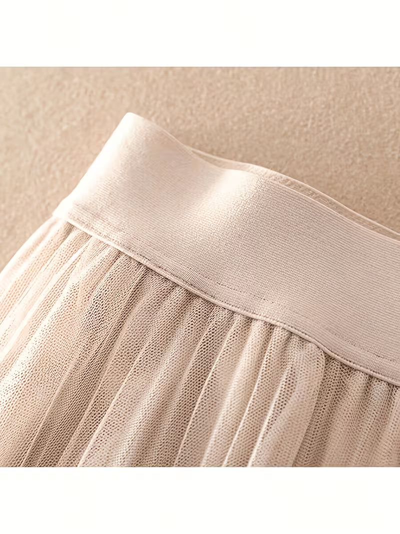 Women's High Waisted Tulle Midi Skirt Multi Layered Sheer Mesh A-Line Skirt Elastic Wide Waistband Flowy Pleated Swing Skirt Beach Vacation Apparel