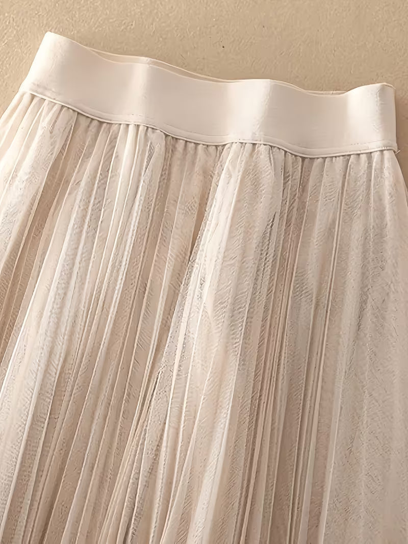 Women's High Waisted Tulle Midi Skirt Multi Layered Sheer Mesh A-Line Skirt Elastic Wide Waistband Flowy Pleated Swing Skirt Beach Vacation Apparel