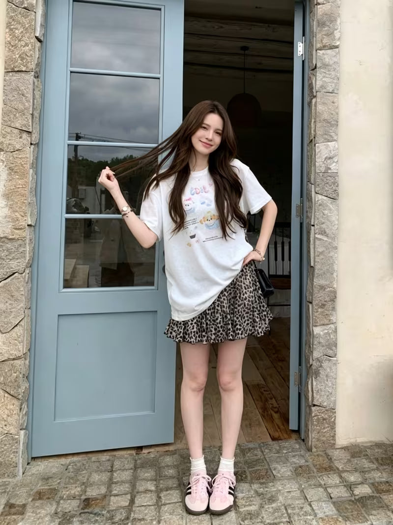 Leopard Print Chiffon Skirt Women'S High-Waisted Ruffle A-Line Mini Skirt Summer Casual And Elegant Design Skirt with Anti-Exposure Lining Shorts