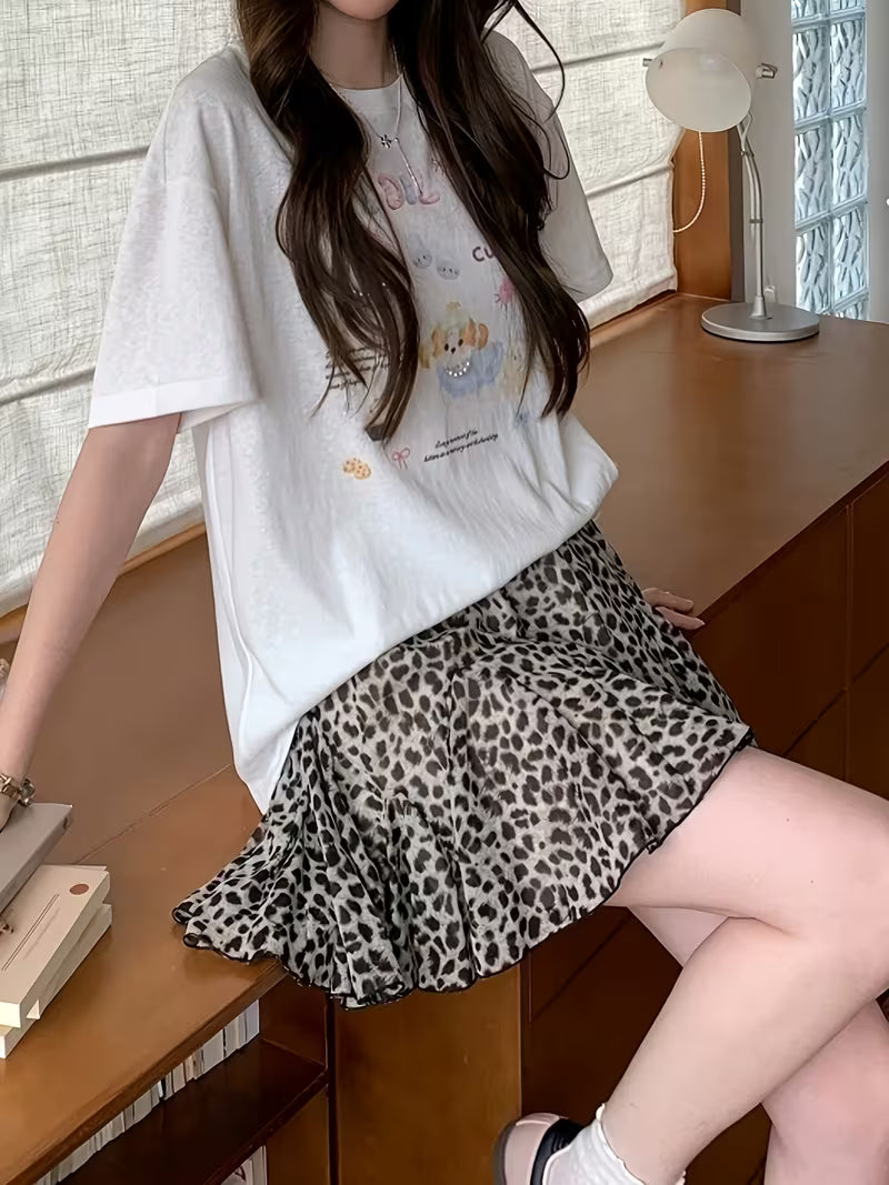Leopard Print Chiffon Skirt Women'S High-Waisted Ruffle A-Line Mini Skirt Summer Casual And Elegant Design Skirt with Anti-Exposure Lining Shorts