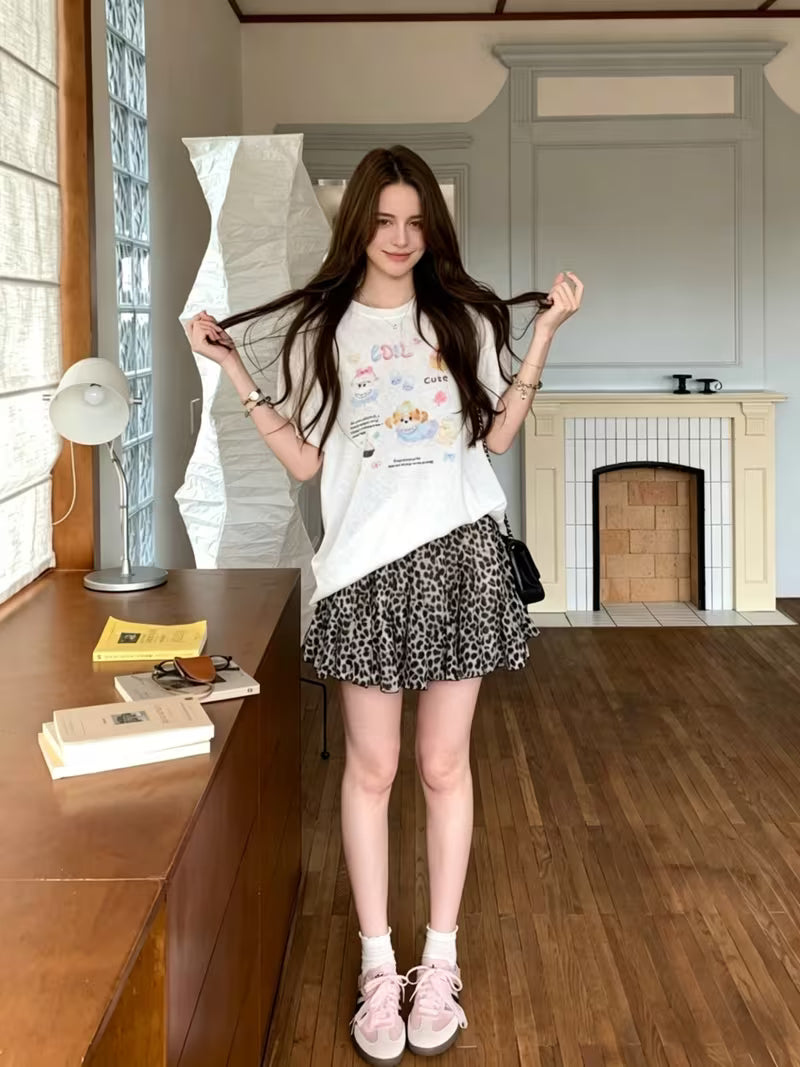 Leopard Print Chiffon Skirt Women'S High-Waisted Ruffle A-Line Mini Skirt Summer Casual And Elegant Design Skirt with Anti-Exposure Lining Shorts