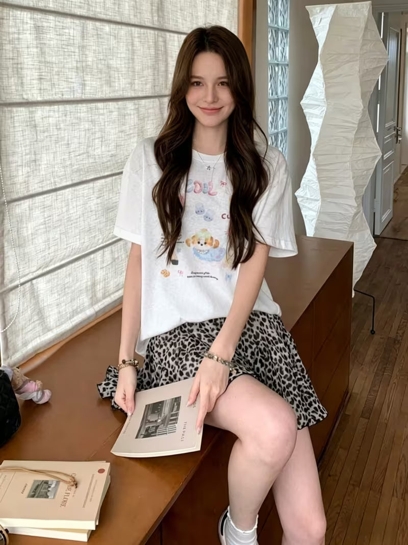 Leopard Print Chiffon Skirt Women'S High-Waisted Ruffle A-Line Mini Skirt Summer Casual And Elegant Design Skirt with Anti-Exposure Lining Shorts