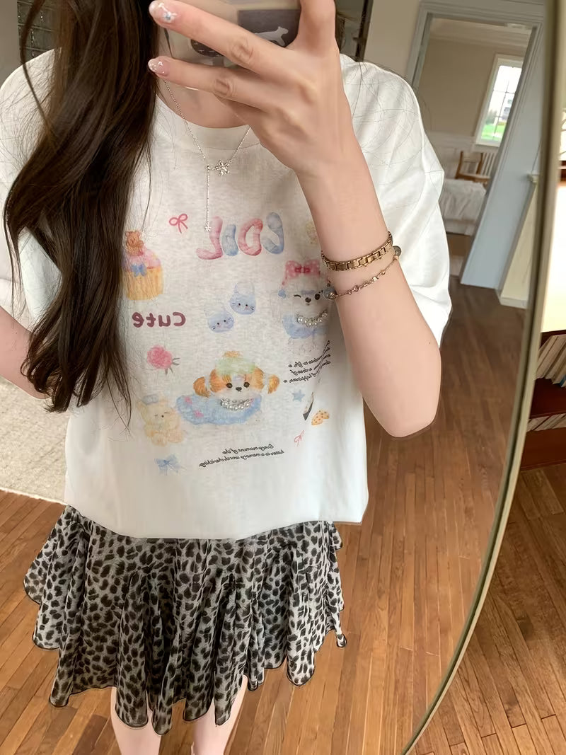 Leopard Print Chiffon Skirt Women'S High-Waisted Ruffle A-Line Mini Skirt Summer Casual And Elegant Design Skirt with Anti-Exposure Lining Shorts